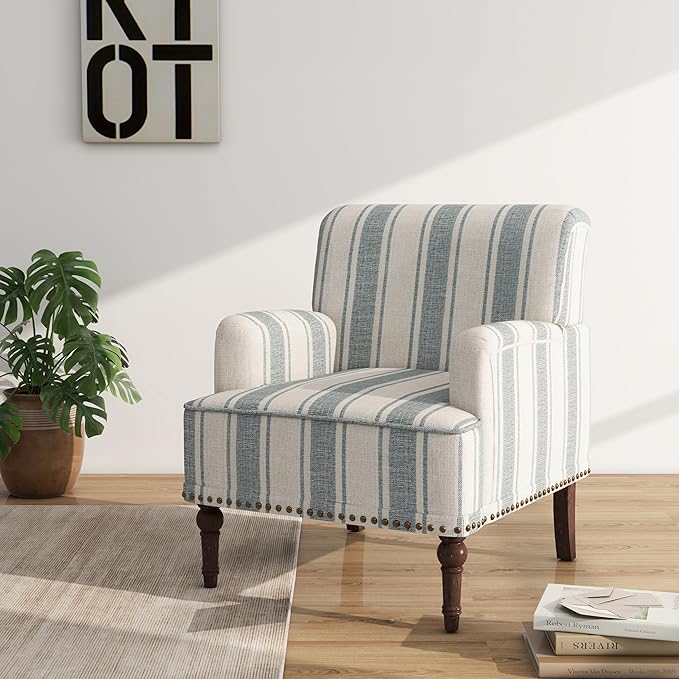 Accent Chair, Mid Century Modern Comfy Armchair for Living Room, Linen Fabric Single Sofa Lounge for Reading Bedroom Apartment Waiting Room with Wood Legs (Blue Stripe, Set of 2)