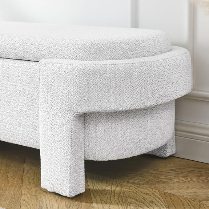51.5" Oval Storage Bench End of Bed Storage Benches Linen Fabric Upholstered Ottoman Bench with Large Storage Space for Living Room Entryway Bedroom Hallway (Ivory White, 51.5 inch)