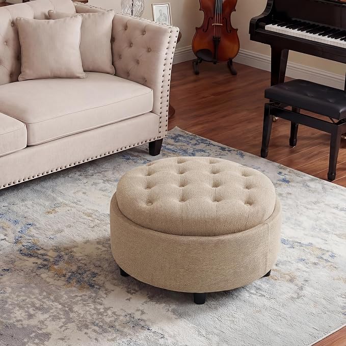COLAMY Round Hidden Storage Ottoman with Reversible Tray Lid – Multi-Functional Footrest, Sturdy & Stylish Fabric Coffee Table for Living Room, Bedroom, or Entryway, Camel