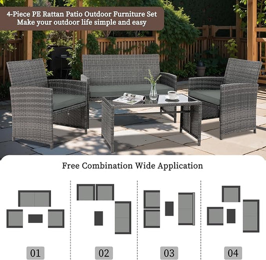 4 Piece Patio Ratten Set Outdoor Furniture Set Wicker Conversation Set with Cushions and Tempered Glass Tabletop,Grey