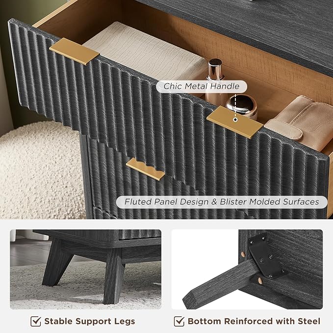 T4TREAM Fluted 5 Drawers Dresser, 48" Tall Modern Chest of Drawers, Curved Profile Design, Wood Drawer Organizer for Bedroom, Living Room, Hallway, Entryway, Dark Alder