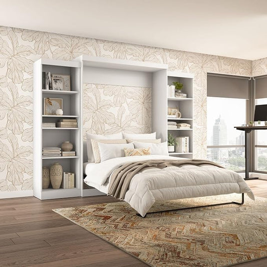 Bestar Pur Queen Murphy Bed and 2 Shelving Units, 115-inch Space-Saving Sleeping Arrangement with Storage in White