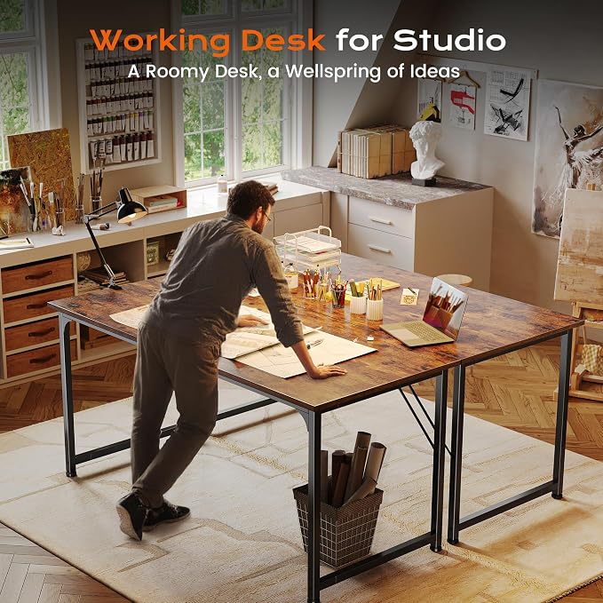 PRAISUN 55 X 24 Inch Computer Desk with Deeper Desktop, Gaming Office Writing Work Desk for Home Office, Study, Bedroom, Work from Home, Metal Frame, Rustic Brown