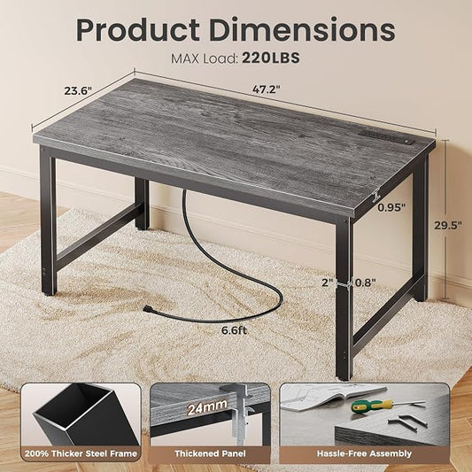 Huuger 48 x 24 inch Desk with Power Outlets & USB-C, Deeper & Thicker Desktop, Robust Metal Tubes, Computer Desk, Heavy Duty Office Desk, Work Gaming Desk for Home Office, Grey