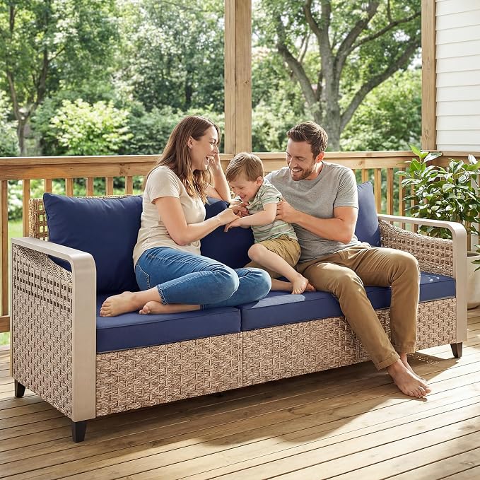 Outsunny Outdoor Patio Couch with Wide and Deep Seat, 3 Seater Wicker Outdoor Sofa with Wide Metal Armrests, Patio Furniture Couch with Cushions for Porch, Garden, Backyard, Dark Blue | Removable Covers
