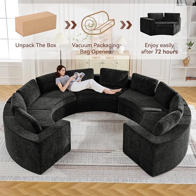 WUTUTUEE 145'' Curved Round Boneless Couch, Oversized U Shaped Sofa with Deep Seat & Arms, Chenille Modular Sectional Sofa with Pillows, Upholstered Comfy 10 Seat Couch for Living Room, Black