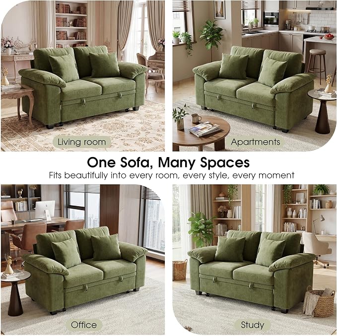 WorthFurni 61” Pull Out Couch, 2 in 1 Sleeper Sofa Bed with Throw Pillow, Convertible Small Loveseat Sleeper Couch for Living Room, Bedroom, Apartment (Green)
