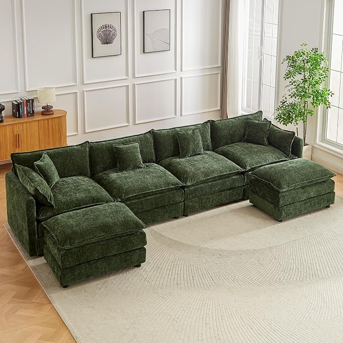 Modular Sectional Sofa, 147.2 Inch U Shaped Couch Set with Armrests, 4-Seater Comfy Cloud Couches with Movable Ottoman for Living Room Apartment, Green