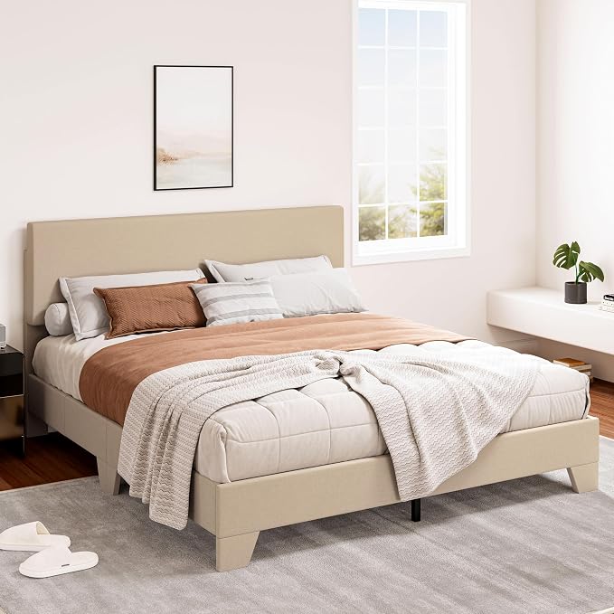 SHA CERLIN Linen Upholstered Full Size Bed Frame with Headboard, Beige | Adjustable Low-Profile Platform Bed, Minimalist Design, Stable Mattress Foundation, Strong Back-Support, No Box Spring Needed