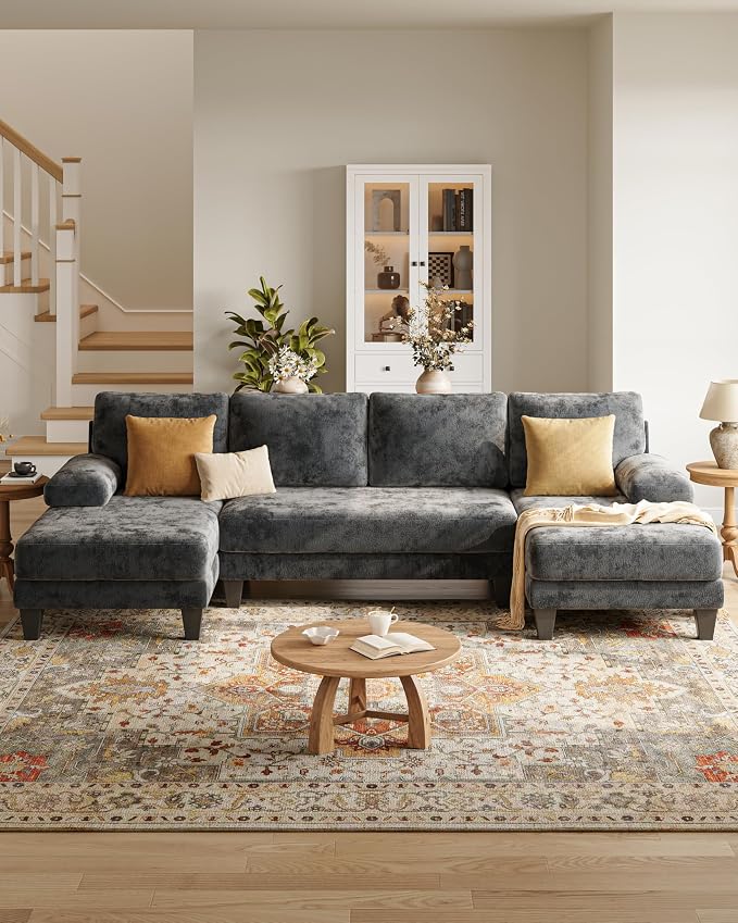 U-Shaped Sectional Couches for Living Room | 112 Inch Modern Sectional Couch | Dark Grey Chenille Sofa with Double Chaise for Apartment