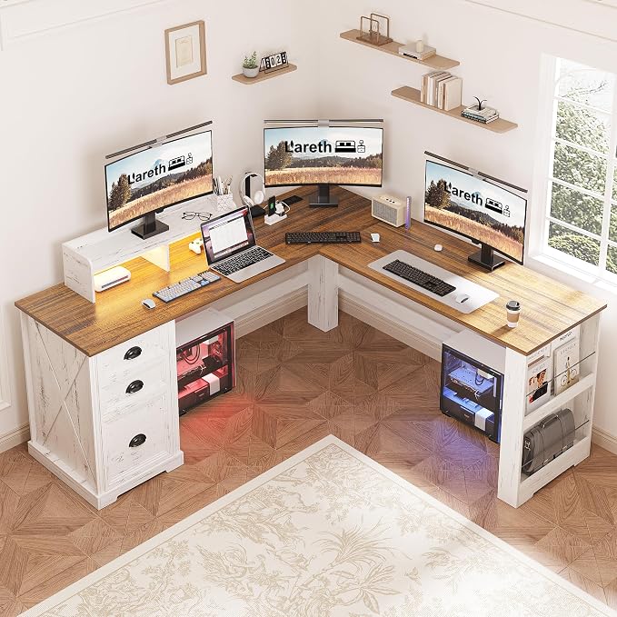 Lareth Executive L Shaped Desk with Monitor Stand, 59 inch Farmhouse Corner Computer Desk with Power Outlets & LED Lights, Home Office Desk with File Cabinet for Working Gaming Writing, White