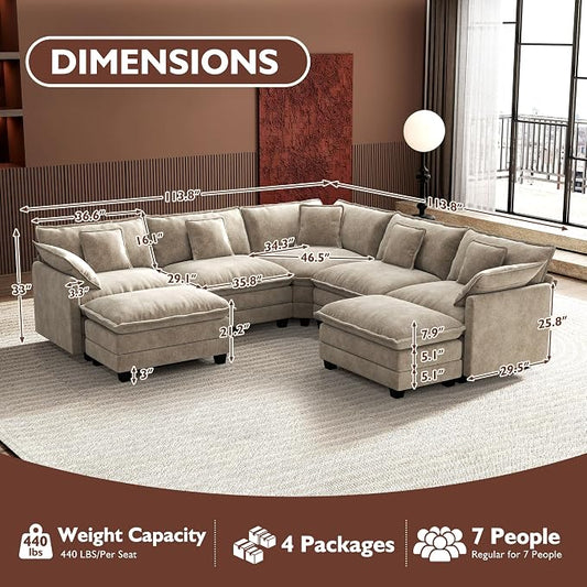 Ihanherry 114" V-Shaped Modern Sofa Modular Sectional Luxurious and Comfortable with 2 Ottoman, 7-Seat Chenille Deep Seat Sofa with Corner Section for Living Room, Bedroom and Apartment, Sand