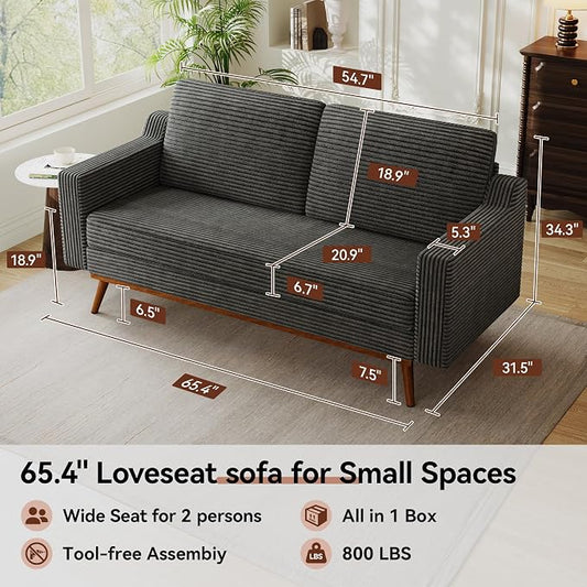 Vipbear 65.4" Loveseat Sofa,Mid-Century Modern Small Couches for Living Room, Bedroom, Office,Comfy Grey Corduroy Couch with Spring Cushion, Solid Wood Frame, Tool-Free Assembly