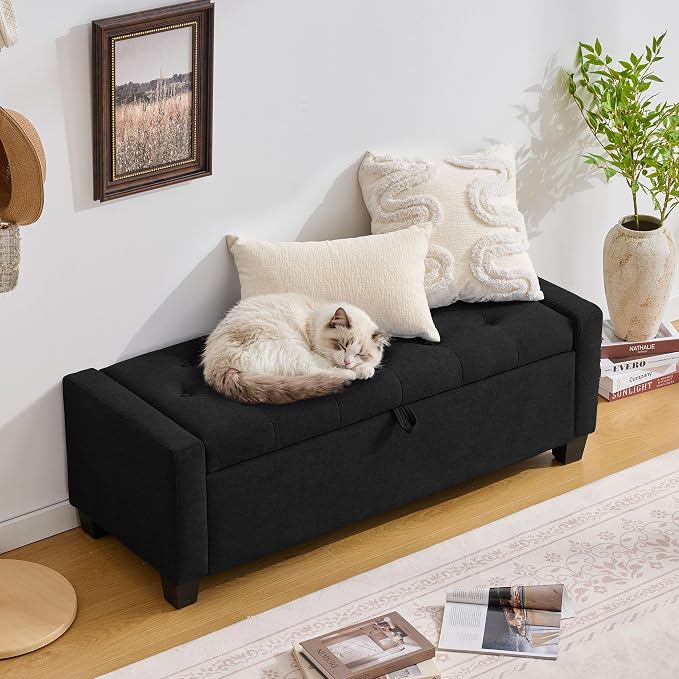Huatean Home 43" Ottoman with Storage, Black Storage Ottoman Bench with Safety Hinge, Upholstered Entryway Bench with Seating for Bedroom, Living Room, Holds up to 330 lb