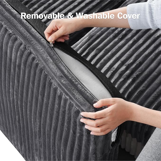 Sunny Heart 101" Plush Corduroy L Shaped Sectional Sleeper Sofa Bed with Pull Out Bed, Reclining Backrest, Reversible Storage Chaise, USB Ports, Cup Holders, Tool Free Assembly, Darke Grey