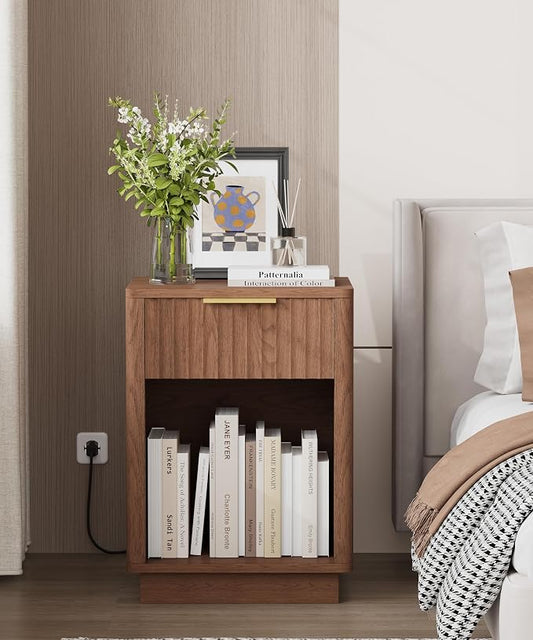 Akxomel Fluted Nightstand, Wooden Night Stand with Charging Station and LED Light, Modern Mid Century End Table with Drawer, 15" D x 15.7" W x 22.6" H, for Bedroom, Walnut