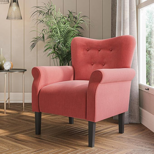 BELLEZE Modern Accent Chair, High Back Armchair, Upholstered Wingback Side Chair, Padded Single Sofa with Wooden Legs for Living Room, Bedroom - Brick