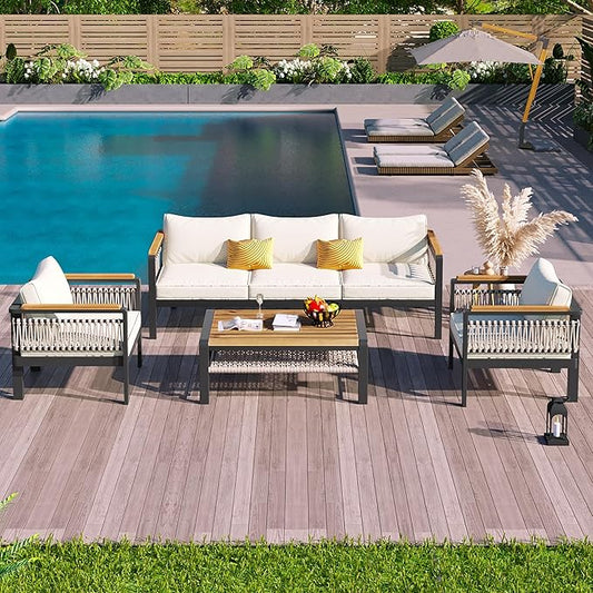 VilroCaz 4 Pieces Outdoor Sectional Sofa Set, All-Weather Patio Seating Group Cnversation Set with Cushions and Coffee Table for Patios Gardens Balcony, Sturdy Steel Frame (Beige+Metal & Wood)