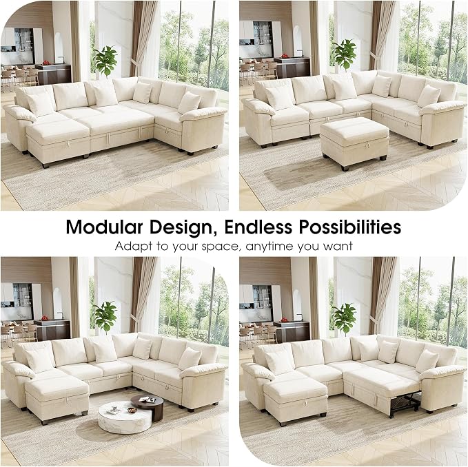 107.8" Modular Sectional Sleeper Sofa with Pull Out Bed, U Shaped 7 Seat Couch with 221L Storage, Convertible Cloud Couch Bed with Ottoman, Sectional Couches for Living Room, Apartment (Beige)