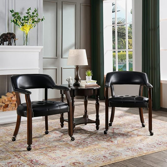 LEEMTORIG Set of 2 Dining Chairs with Casters and Arms, Large Rolling Dining Chairs with Wheels, Poker Table Chairs, Solid Wood Boss Caption's Chairs Office Chairs, Espresso Legs & Black, SY-318-BK