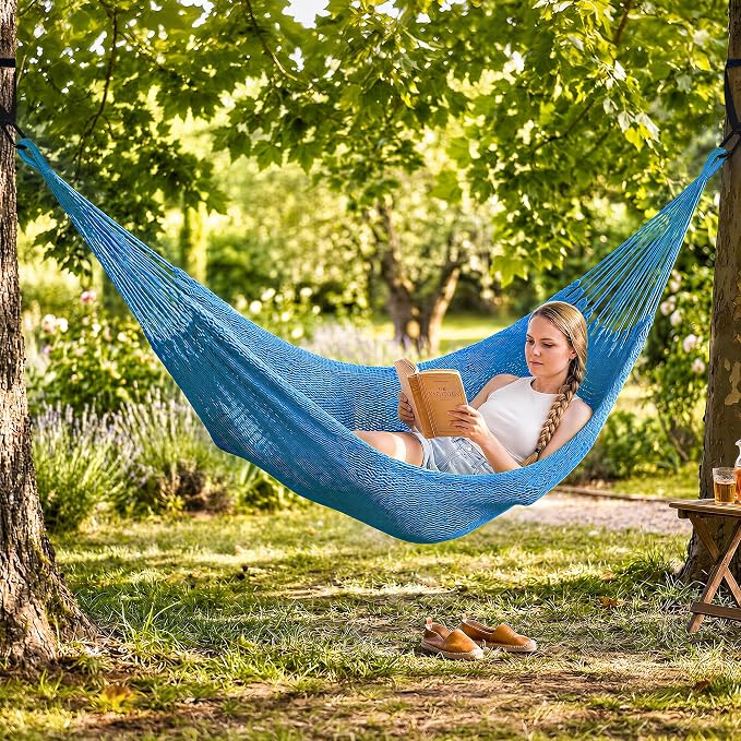 SUNCREAT Hammocks Double Rope Hammock, Outdoor Hanging Tree Hammock, Blue