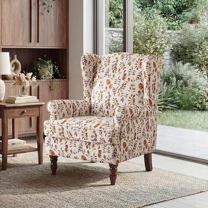 EROMMY Floral Accent Chair, Comfortable High Back Upholstered Armchair with Solid Wood Legs, Leisure Single Sofa Chair for Living Room, Home Office, Bedroom, Orange Floral