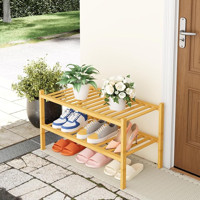 Smiry Bamboo Shoe Rack, 2 Tier Free Standing Wooden Shoe Organizer, Stackable Wood Shoe Storage Shelf for Closet, Entryway, 14 Vertical Slats, One-piece Heavy-Duty Legs, 26.8"x11"x13", Natural