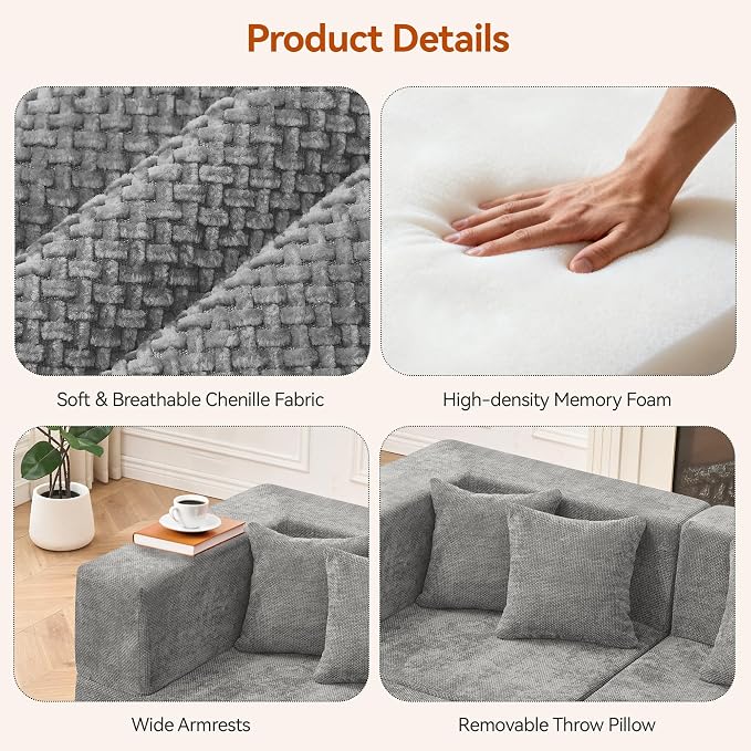 MONVANE Modular Sectional Sofa, Oversized 8 Seat Convertible U Shaped Couch with Ottoman, Comfy Chenille Cloud Couch with Deep Seat, Sectional Couches for Living Room, No Assembly Required, Light Grey