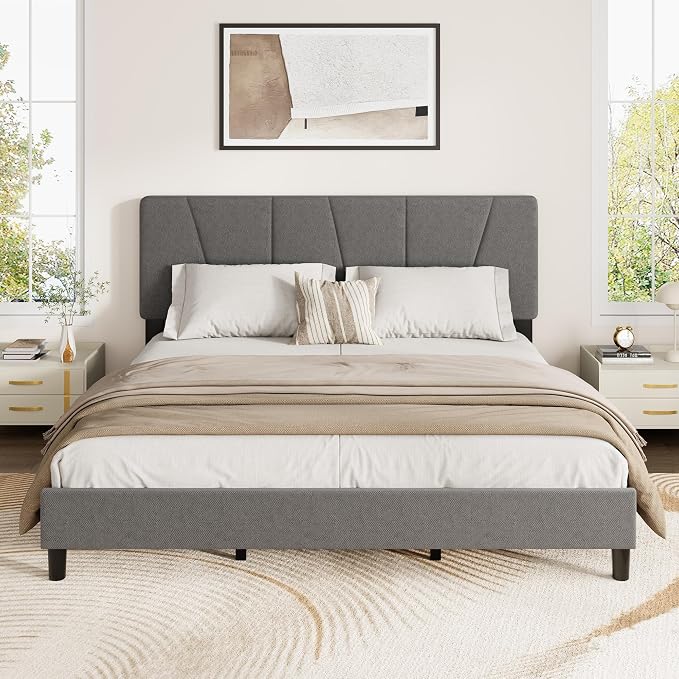 GarveeHome Queen Size Bed Frame with Upholstered Headboard, Modern Fabric Platform Bed Frame with Wooden Slat Support, Adjustable Headboard, No Box Spring Needed, Noise-Free, for Bedroom