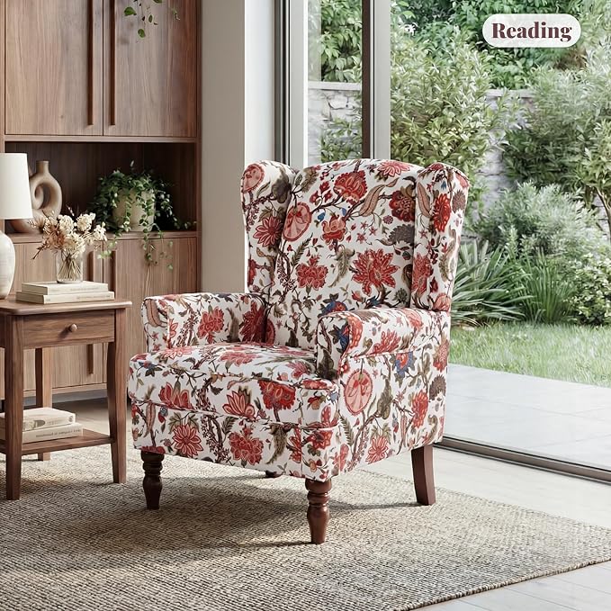 EROMMY Floral Accent Chair, Comfortable High Back Upholstered Armchair with Solid Wood Legs, Leisure Single Sofa Chair for Living Room, Bedroom, Home Office, Red Floral