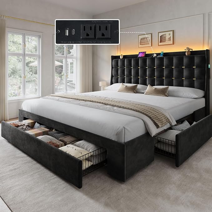 DWVO King Size Bed Frame with 3 Storage Drawers and RGB LED Lights, Velvet Upholstered Bed with Charging Station and Storage Headboard, No Box Spring Needed, Easy Assembly, Noise-Free, Black