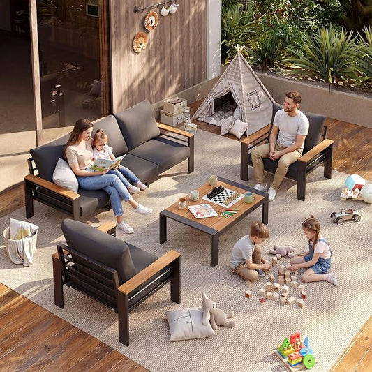 Aoxun Patio Furniture Set, 5 Piece Aluminum Patio Sets with 5" Thicken & Washable Cushion, Waterproof Outdoor Furniture with Coffee Table, Outdoor Couch Sectional for Backyard, Porch and Garden