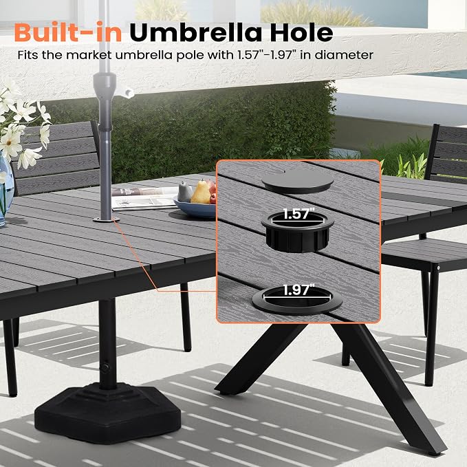 Pellebant Aluminum 11-Piece Outdoor Dining Table Set for 8-10 Person | Patio Stackable Chair with U-Shaped Wicker Backrest, 94" Table with Wood-Grain Top & Umbrella Hole, Aluminum Frame Furniture