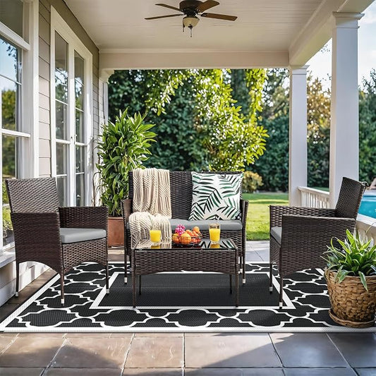 GENIMO 9 ' x 12 ' Outdoor Rug for Patio Clearance, Waterproof Indoor Outdoor Plastic Straw Rugs Carpet, Reversible Outside Area Rv Mat for Camping, Balcony Porch, Deck, Picnic, Beach (Black & White)