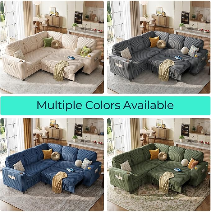 LINSY HOME Sleeper Sofa Bed with Pull Out Couch Modular Sectional Sofa (Blue, Sleeper Sofa 2) | Pull Out Sofa Bed, USB Charging, Cup Holders, Plush Corduroy, Storage
