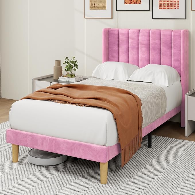 alazyhome Platform Bed Frame Twin Size with Upholstered Headboard, Solid Wood Slats Support, No Box Spring Needed, Noise Free, Easy Assembly, Modern Velvet Bed, Pink