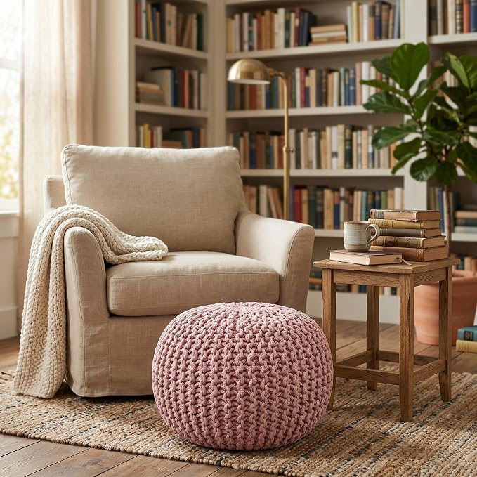 BIRDROCK HOME Round Pouf Ottoman Foot Rest - 18.5”x18.5”x15” Boho Compact Comfortable Soft Cotton Braided Foot Stool with Bean Bag Filling for Living Room, Bedroom, or Nursery (Dusty Rose)
