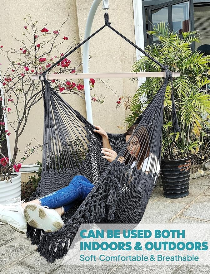 Chihee Hammock Chair Handmade Hanging Chair Cotton Rope Woven Hanging Seat Soft-Spun Large Stretch Hammock Swing, Collapsible Strong Metal Spreader Bar Elegant Macrame Comfort Indoor Outdoor Garden