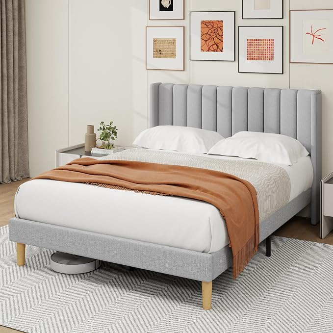 alazyhome Platform Bed Frame Queen Size with Upholstered Headboard, Solid Wood Slats Support, No Box Spring Needed, Noise Free, Easy Assembly, Modern Fabric Bed, Light Grey