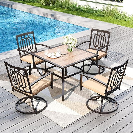 PHI VILLA 5 Pieces Outdoor Dining Set for 4, 37” Square Wrought Iron Table with Ploywood Tabletop & Swivel Metal Steel Chairs with Cushions, Outside Furniture Set for Patio, Porch, Deck, Backyard