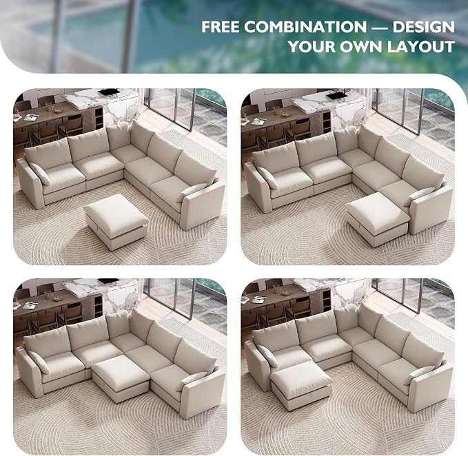 Ihanherry 111" Oversized Modular Sectional Sofa, Modern V Shaped Cloud Couch with Storage Ottoman, 6-Seat Comfy Chenille Deep Seat Sofa with 2 Pillows for Living Room, Khaki