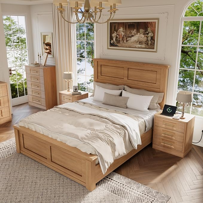 RECHHX Farmhouse 5 Drawers Dresser for Bedroom, 44" Tall Modern Chest of Drawers, Wooden Thermoformed Curved Dresser Organizer for Bedroom, Living Room, Natural Oak