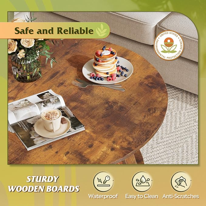 WLIVE Round Coffee Table, 2-Tier Wood Coffee Table with Storage Shelf, Tapered Legs, Circle Wood Small Center Table for Living Room, Apartment, Easy Assembly, Rustic Brown