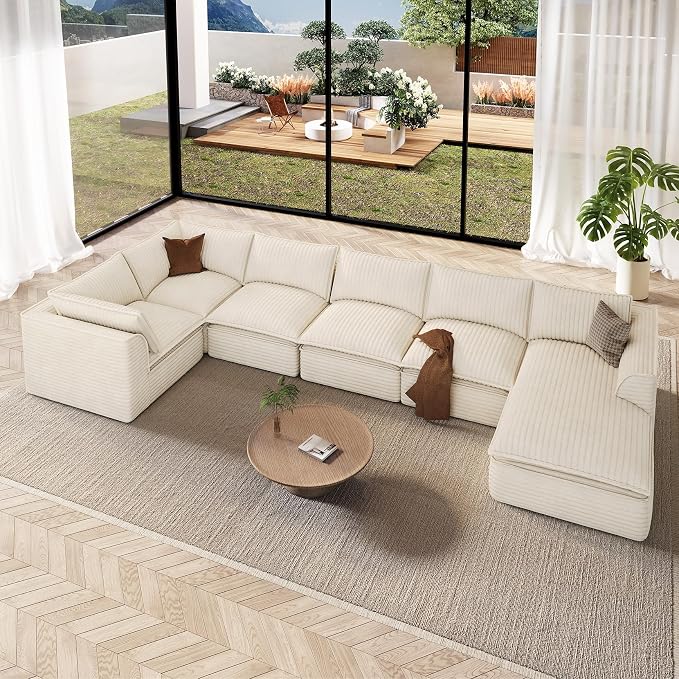 Vesgantti 141.7" Oversized Sectional Boneless Couch, Modern 7 Seater Modular Sofa with Chaise, Deep Seat Convertible Plush Corduroy Cloud Couches for Living Room, No Assembly Required, Beige