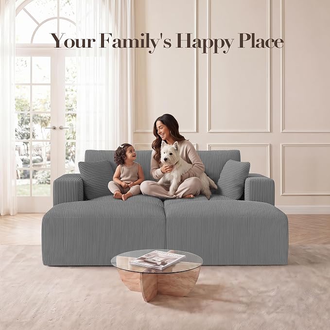 Modular Sectional Sofa Bed with Ottoman, 79" Memory Foam Cloud Couch, Boneless Loveseat Corduroy Upholstered Floor Couch, No Assembly Required Living Room Furniture for Apartment Bedroom, Grey