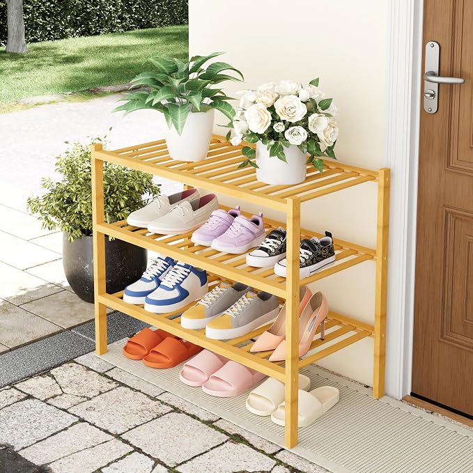 Smiry Bamboo Shoe Rack, 3 Tier Free Standing Wooden Shoe Organizer, Stackable Wood Shoe Storage Shelf for Closet, Entryway, 14 Vertical Slats, 2+1 Stack Heavy-Duty Legs, 26.8"x11"x19.5", Natural