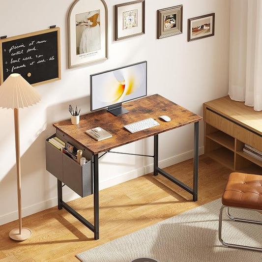 OLIXIS Small Computer Desk, 40 Inch Home Office Desks, Writing Study Craft Work Gaming Table, Computer Workstation for Bedroom Small Spaces with Storage Bag, Rustic Brown