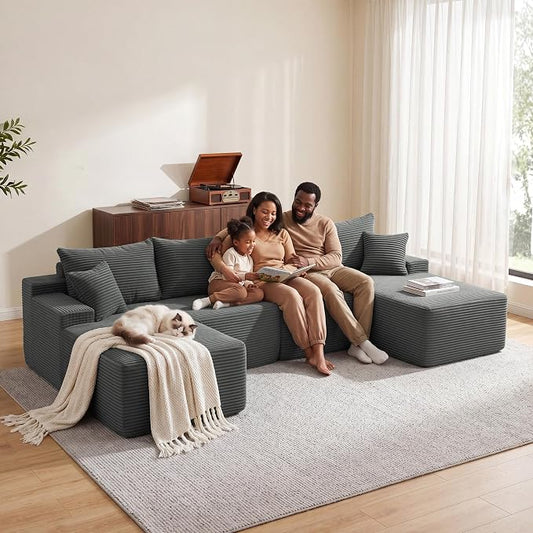 Mangodan 118'' Cloud Sectional Couch, U Shaped Boneless Couches for Living Room, Modular Sectional Sofa with Deep Seat Right Facing Chaise, Comfy Cloud Couch Sofa, Gray