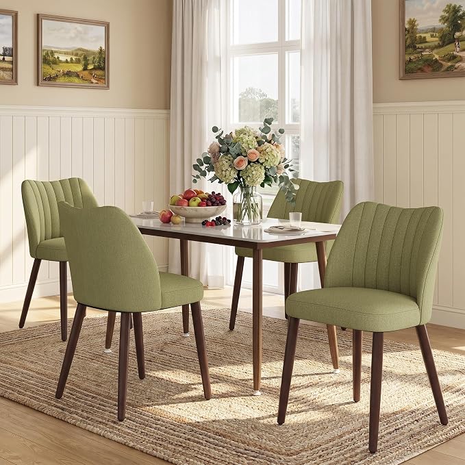 Upholstered Dining Chairs Set of 4, Modern Fabric Dining Chairs with Curved Backrest & Solid Rubber Wood Legs, Padded Kitchen Dining Room Chairs for Restaurant Cafe, Green