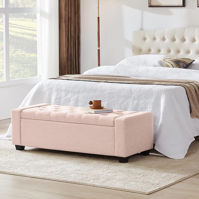 Huatean Home 48" Ottoman with Storage, Pink Storage Ottoman Bench with Safety Hinge, Upholstered Entryway Bench with Seating for Bedroom, Living Room, Holds up to 330 lb
